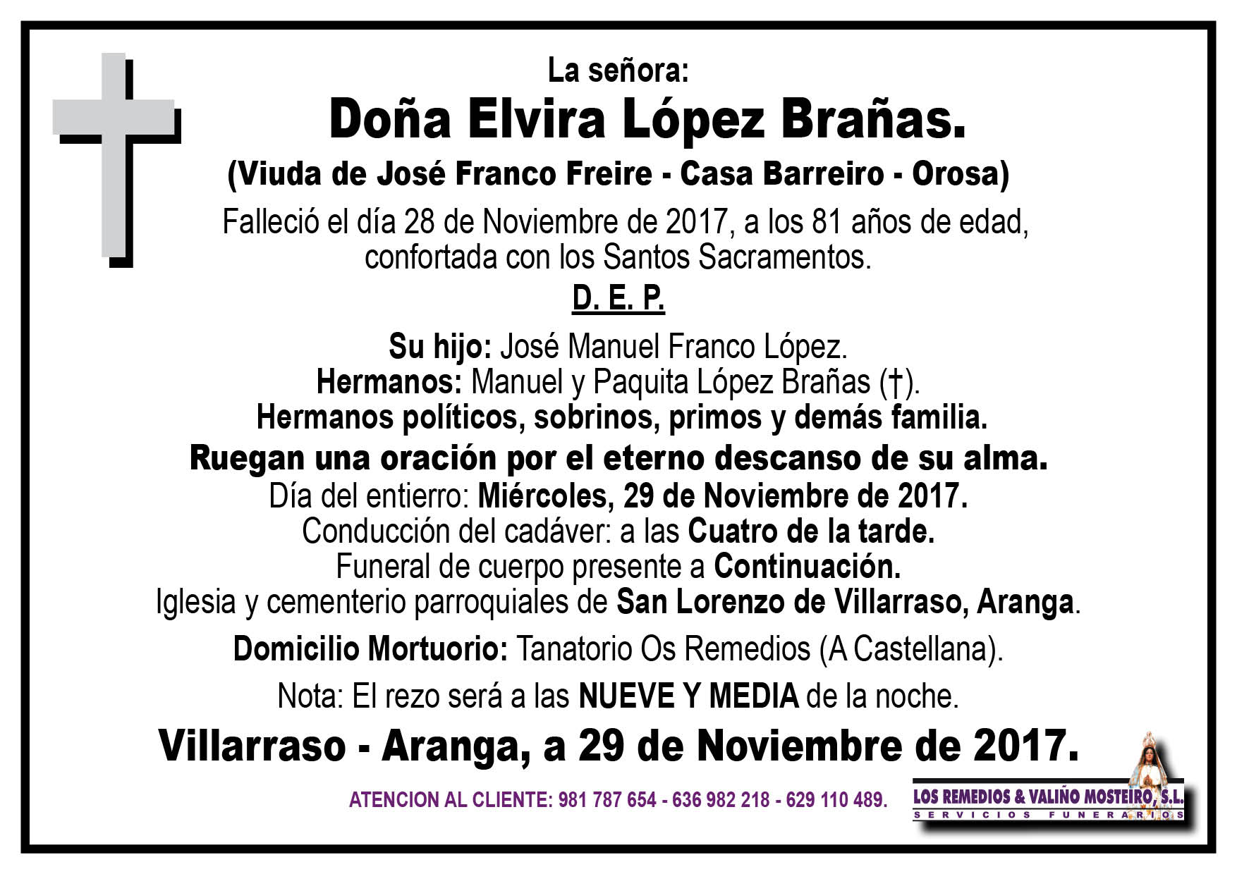 Esquela de Elvira López Brañas.
